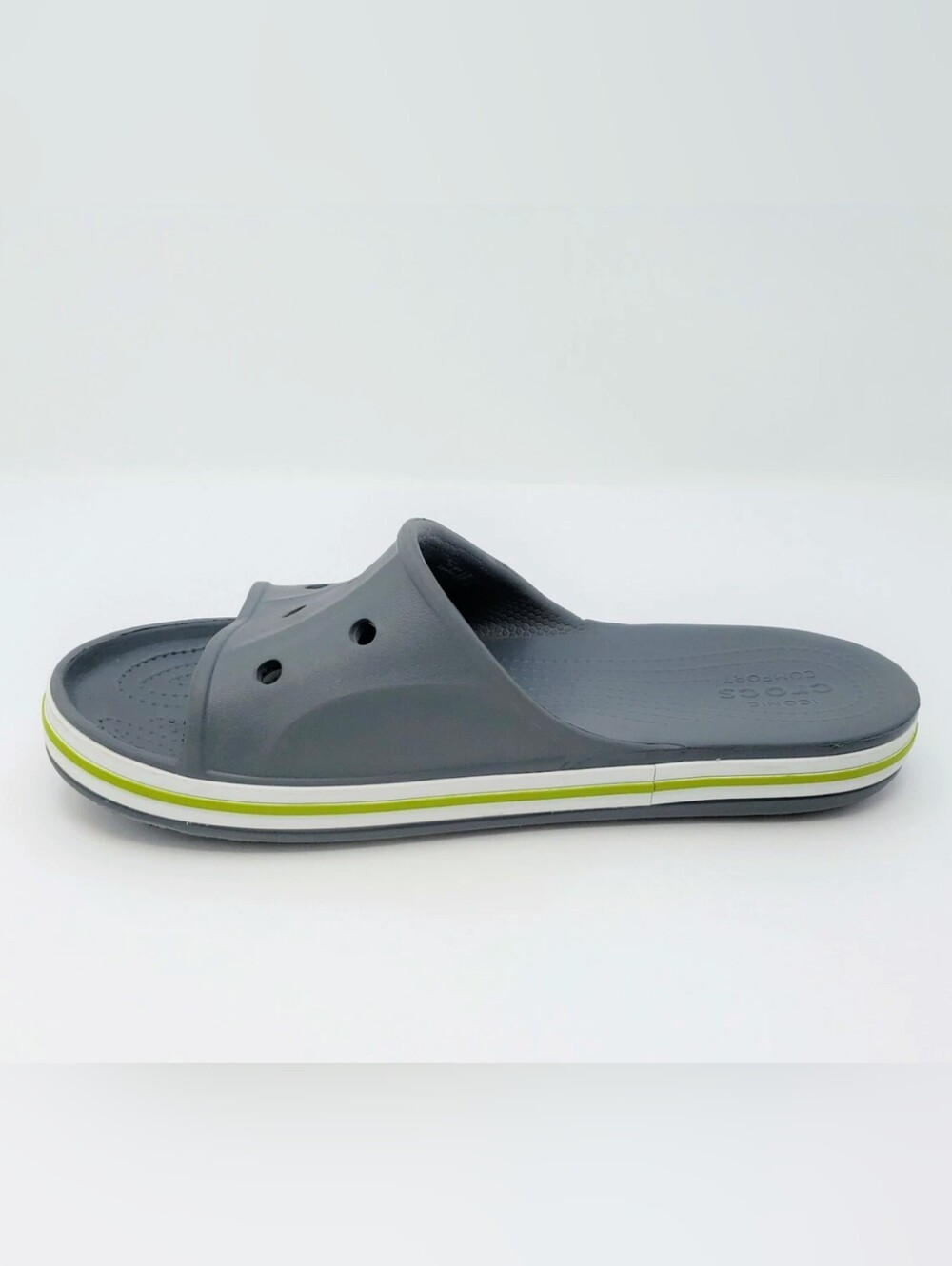 CROCS Charcoal Gray Slide with Lime Green Stripe Unisex - Picture 4 of 11